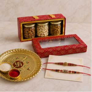 Raksha Bandhan Gift Hamper with Premium Dry Fruits, 2 Designer Rakhi’s & Decorative Puja Thali