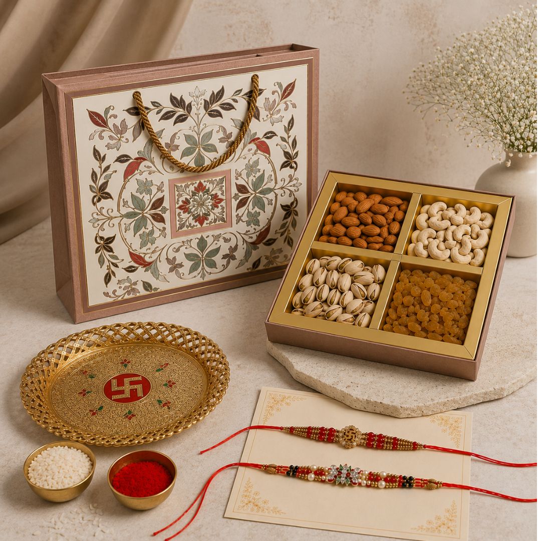 Raksha Bandhan Dry Fruit Gift Hamper with 4 Assorted Dry Fruits, 2 Designer Rakhis & Decorative Puja Thali